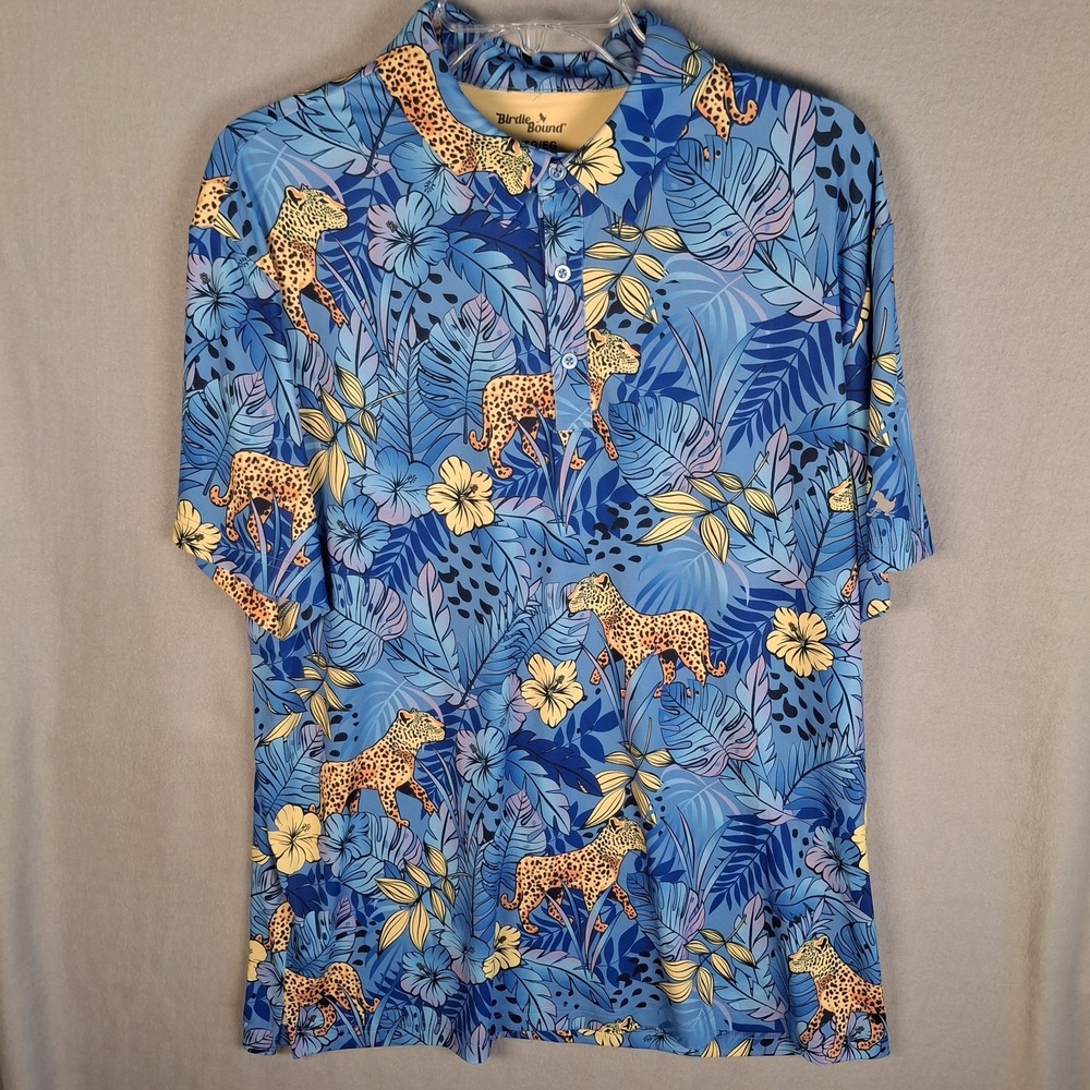 Birdie Bound Men's Golf Polo Shirt XL Blue Tropical Jungle Leopard Print Stretch